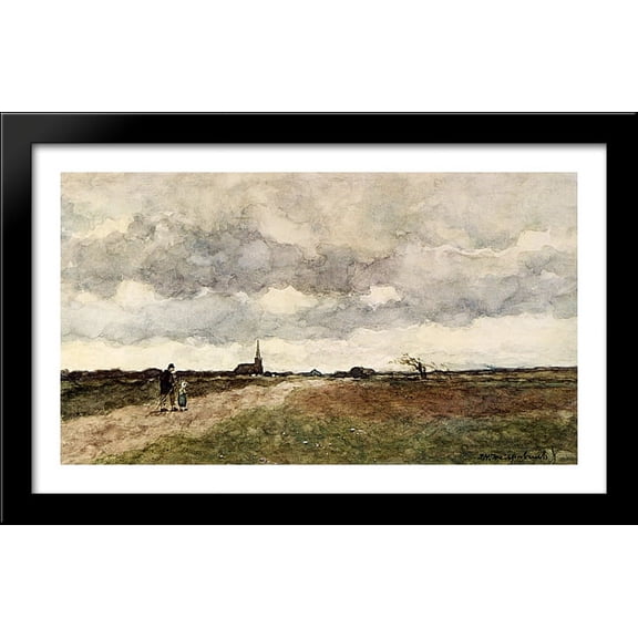 Figures On A Country Road, A Church In The Distance 40x24 Large Black Wood Framed Print Art by Johan Hendrik Weissenbruch