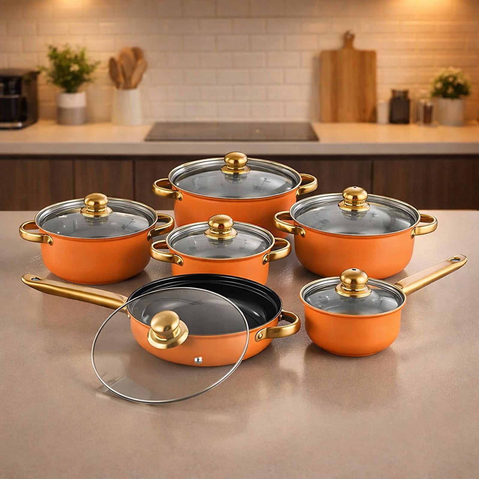 Nishiyuenyi 6 Pieces Stainless Steel Cookware Set Nonstick Pots and Pans Set for Kitchen Orange