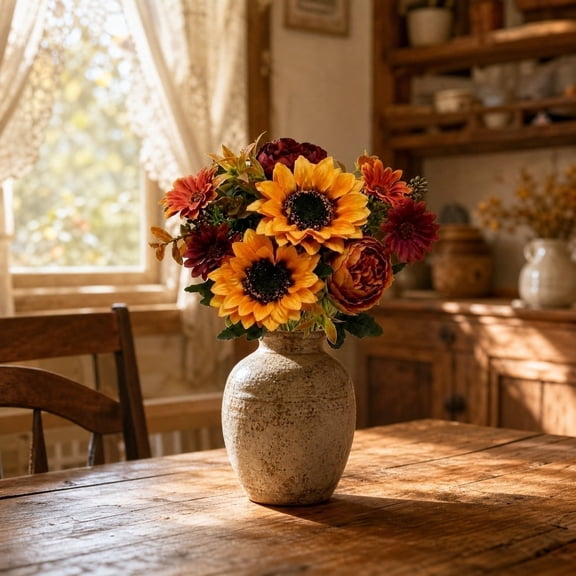 Artificial Sunflower Bouquet with Rose Accents | Fall Floral Arrangement for Home Decor | Plastic Artificial Flowers for Thanksgiving Table Centerpiece Vase Wreath Mantel Indoor Covered Outdoor