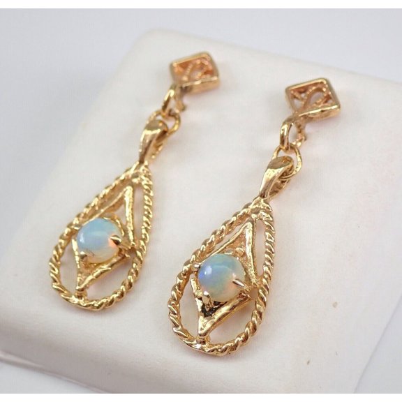 3.00Ct Round Cut Fire Opal Dangle/Drop Earrings 14K Yellow Gold Plated