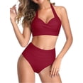 thumbnail image 4 of Women Two Piece Vintage Swimsuit Retro Halter Ruched High Waist Bikini with Bottom, 4 of 11
