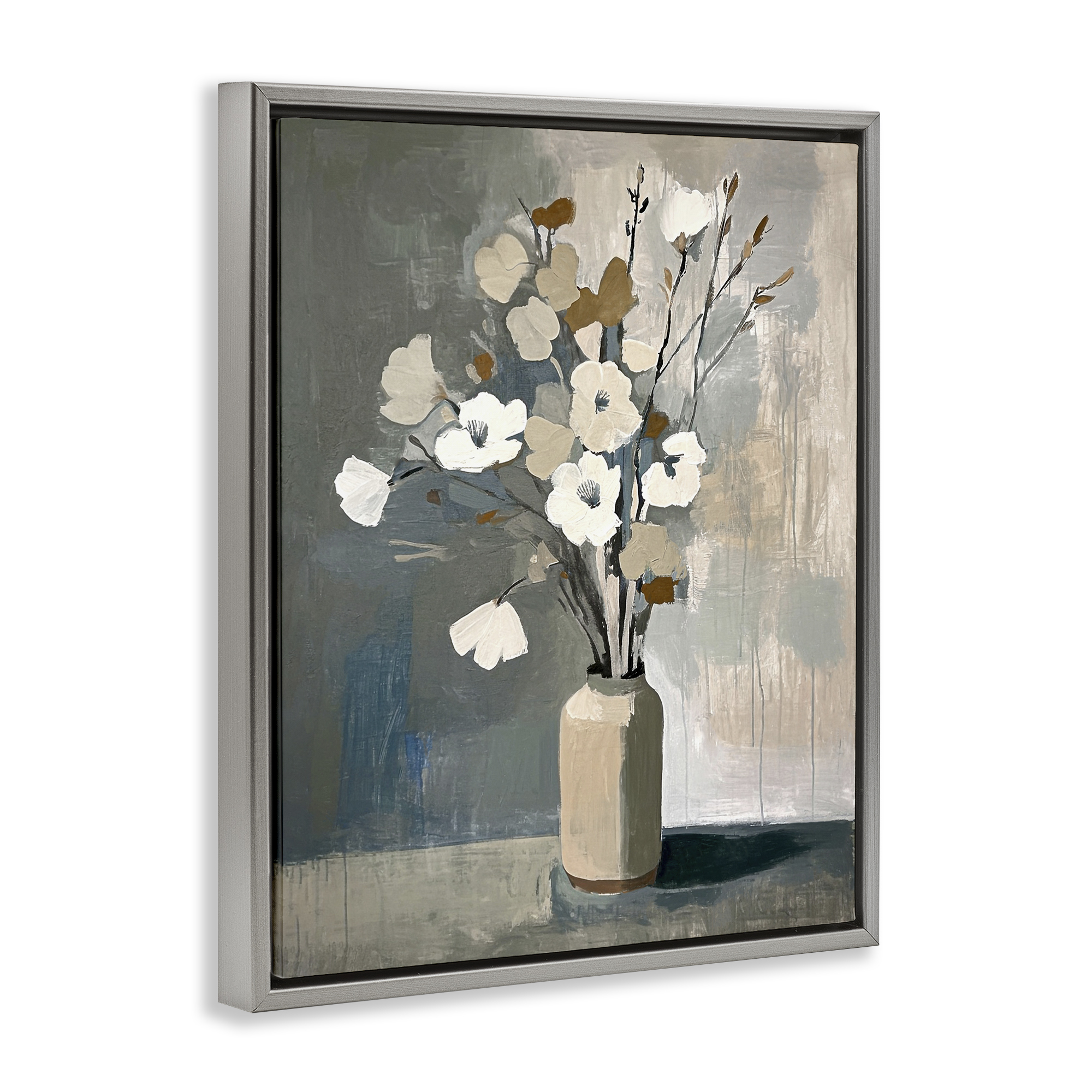 Stupell Industries Natural Floral Vase Botanical & Floral Painting Gray Floater Framed Canvas Art Print Wall Art, 25 x 31