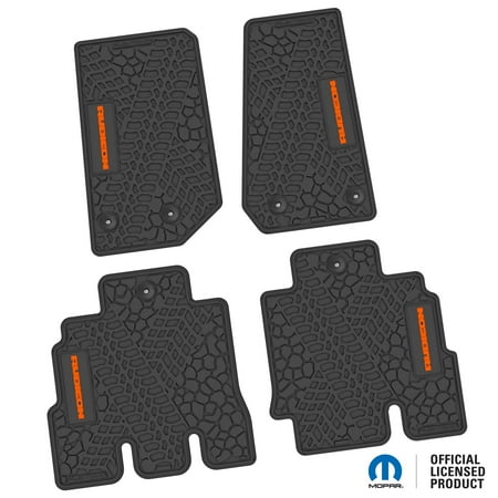 Jeep Floor Mats 14-18 Jeep Wrangler JKU 4 Dr 4 Piece Tire Tread/Scorched Earth Scene w/ Rubicon Insert - Black w/ Orange Insert FlexTread