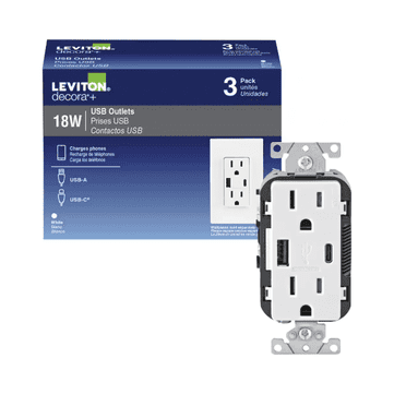 Leviton 18W USB Outlets Type A/C Duplex Receptacle Tamper Resistant White - T53638-3BW