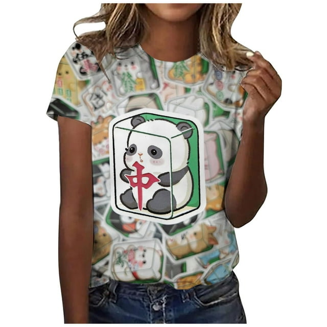 LUOGENLI T-shirts pour Femmes Classique Quotidien Manches Courtes Rétro Mahjong Tendance Décontracté Col Rond T-shirts Graphiques pour Femmes Jour de la Saint-Patrick Blanc P