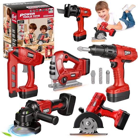 Chuvikid 6 in 1 Realistic Construction Tool Toy,Kids Tool Set with Drill,Wrench,Circular Saw,Tool Playset Gifts for Kids Ages 3-12 Years Old