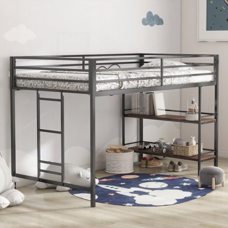 Adam's junior twin loft bed with a Cinnamon wood shelf in black is space-efficient and comes with a climbing ladder and guardrails for the bedroom.