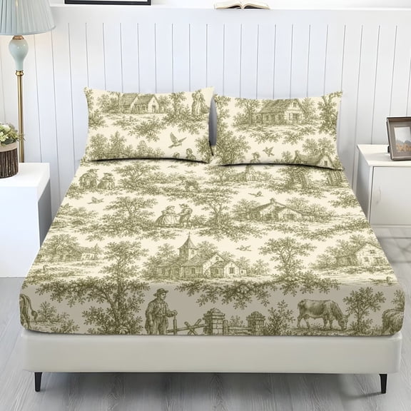 Bulopur Vintage Farm Toile Twin Sheet Set 3 Piece Set Sheet Sets with Bottom Bedsheet Cozy Lightweight Stretchy Bedding for Twin Size Bed Home Decor