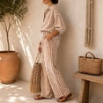 thumbnail image 5 of Womens Striped Set 2 Piece Outfits 3/4 Puff Sleeve V Neck Top and Drawstring High Waist Palazzo Pants, M, 5 of 6