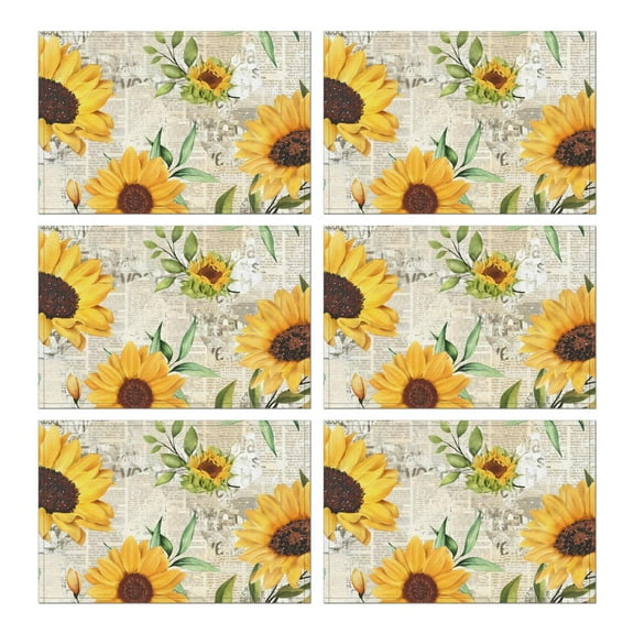 Boho Sunflower Placemats Set of 6, Machine Washable Vintage Linen Table Mats with Heat Resistant Rustic Floral Pattern Featuring Bees and Butterflies for Dining