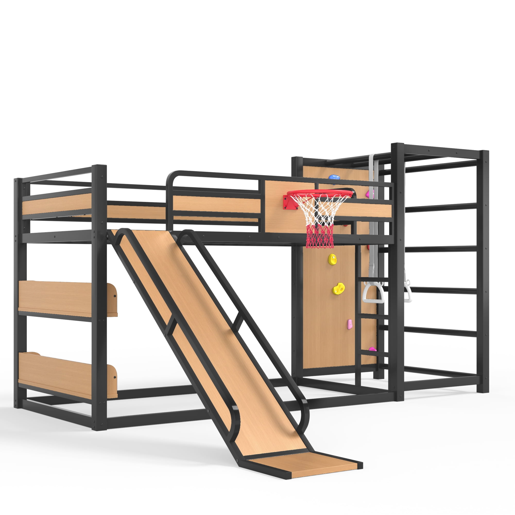 Twin XL Size Loft/Bunk Bed with Basketball Hoop, Pull-up Rings and Climbing Wall, Metal Loft Bed Frame with Slide and Bookshelves, Heavy Duty Bunk Beds with Guardrail