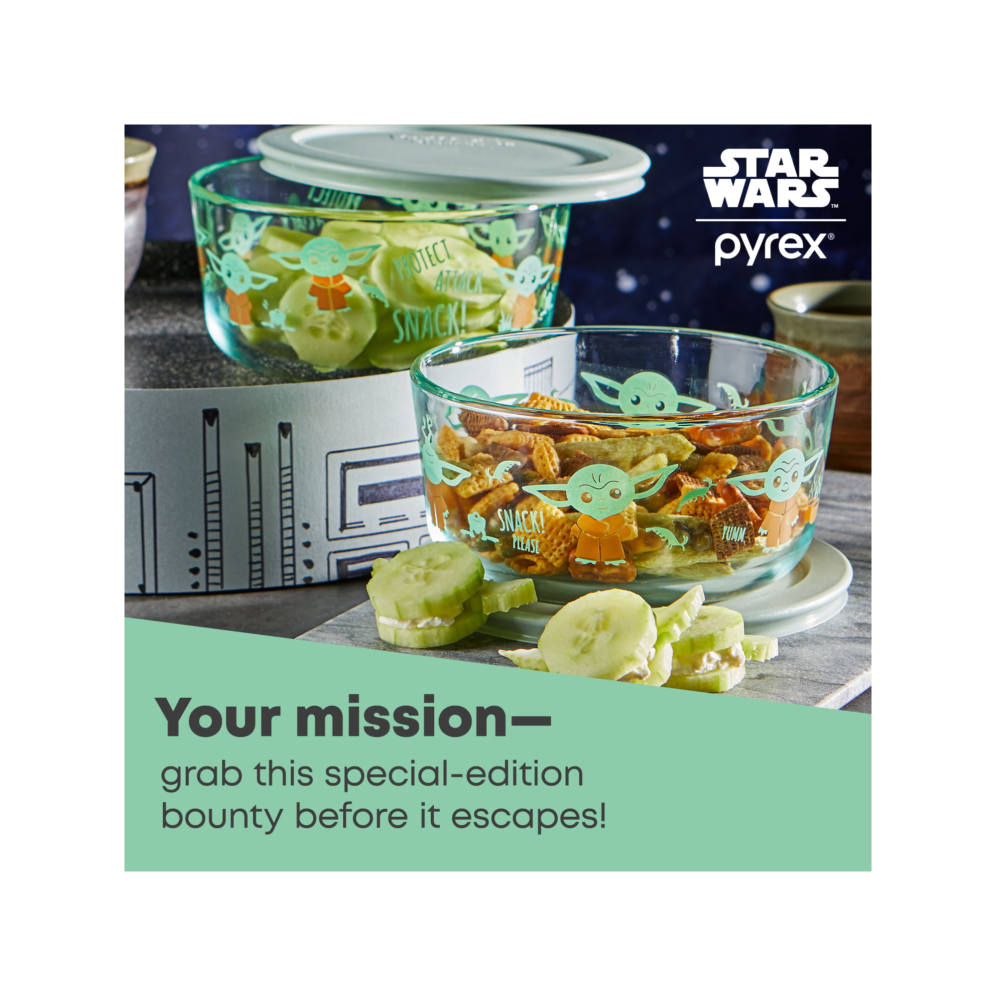 Pyrex 4-Cup Decorated Glass Storage: Star Wars - The Child, Hello