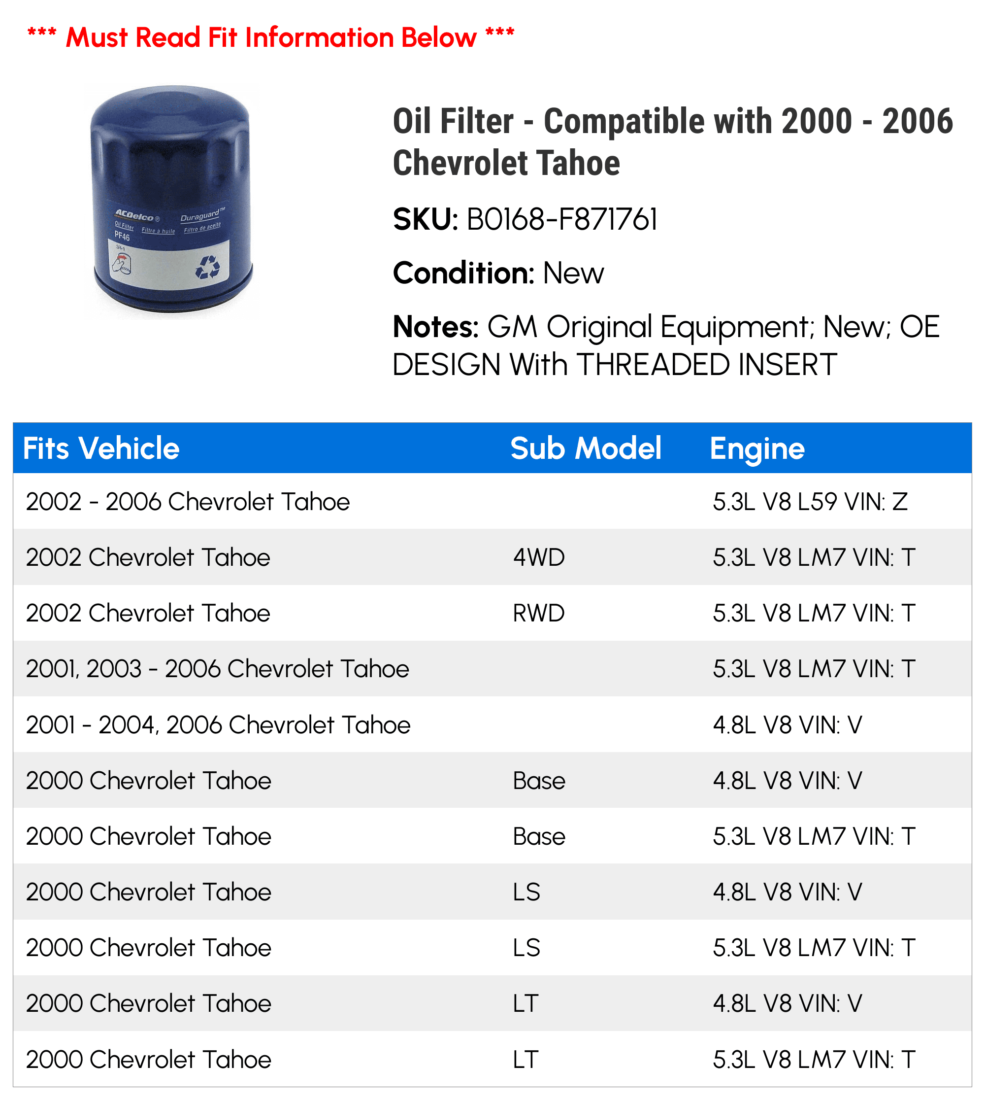 Oil Filter - Compatible with 2000 - 2006 Chevrolet Tahoe - AC Delco