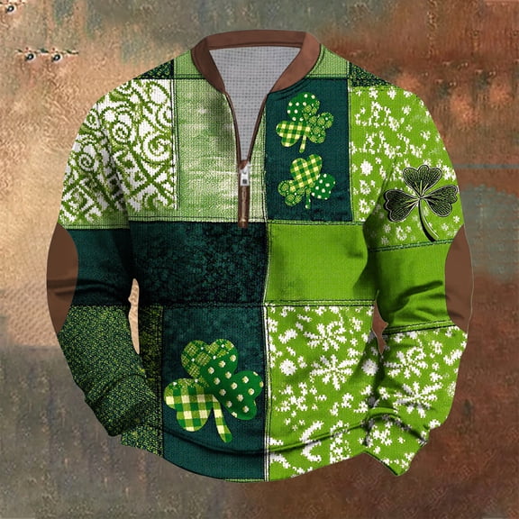 Yaoyar Mens St Patrick's Long Sleeve T-Shirt Crewneck Half Zipper Long Sleeved Shirts Top