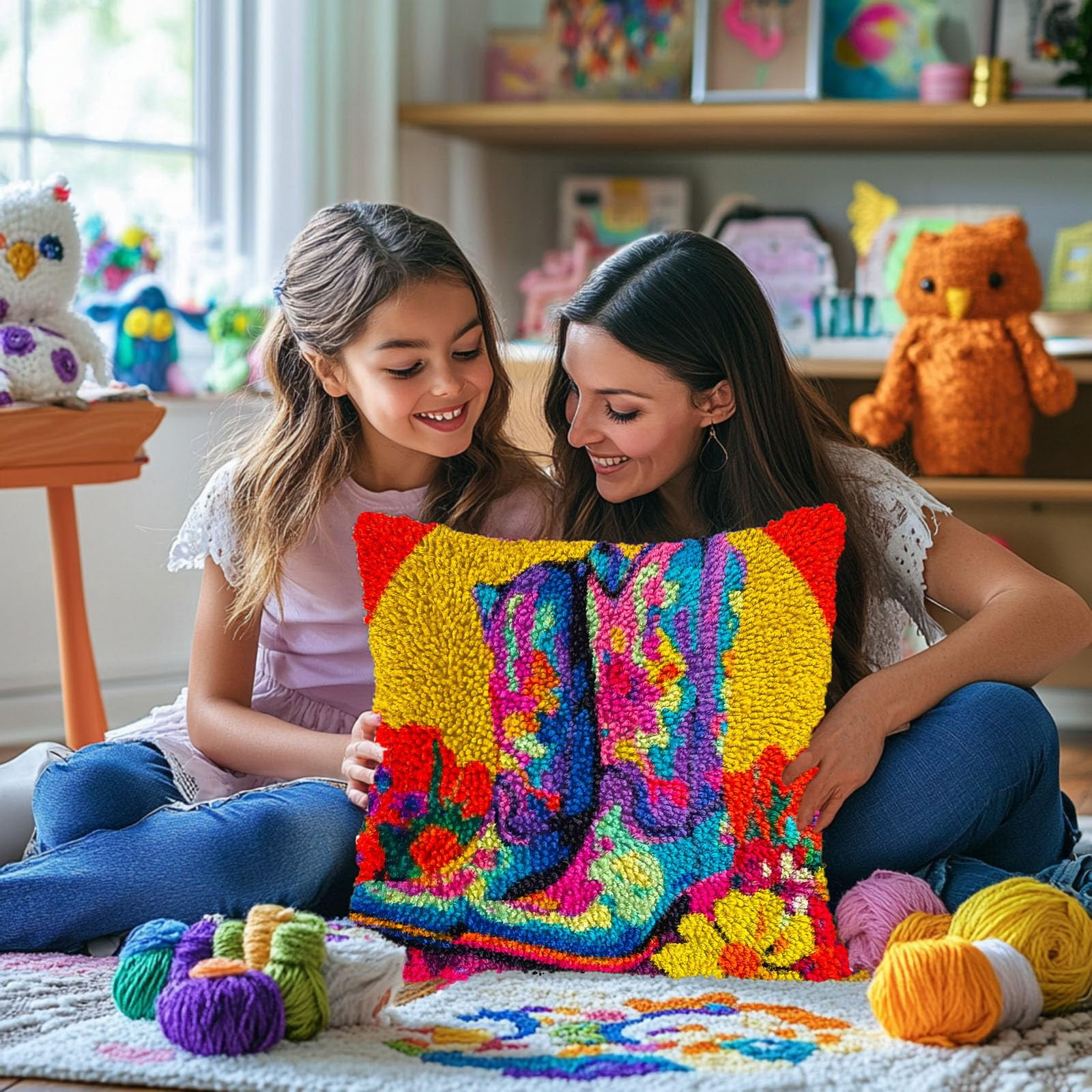 Colored Boots and Flowers DIY Latch Hook Pillow Kits for Adults Printed Pillowcase Crochet Yarns Hooking Handmade Pillow Cover Cushion for Home Sofa Decoration 17x17inch