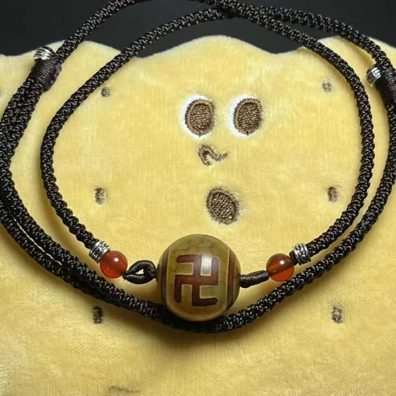 Tibetan Swastika Symbol Dzi Bead Pendant Necklace Polished Amulet Spiritual Buddhist Style Jewelry for Men Women
