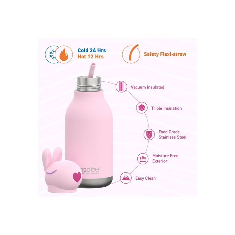 Bunny Asobu Bestie Kids Insulated Water Bottle with Detachable Soft Animal Head 16 Ounce