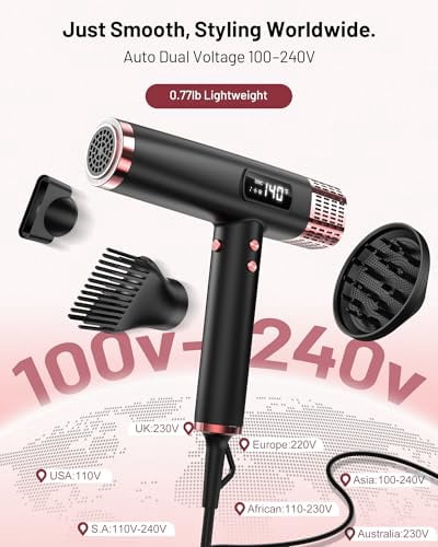Dual Voltage Ionic Hair Dryer with Diffuser, Fast Drying, No Heat Damage, Low Noise, 1875W High-Speed Blow Dryer for Women