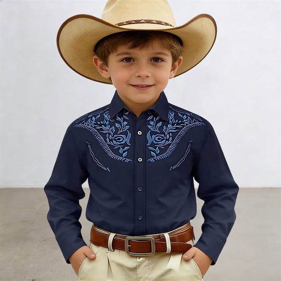 FYDUU Boys Western Cowboy Shirt Printed Long Sleeve Regular Fit Dress Shirts Casual Button Down Shirts For Kids Festival Party Tops Streetwear 6-7 Years