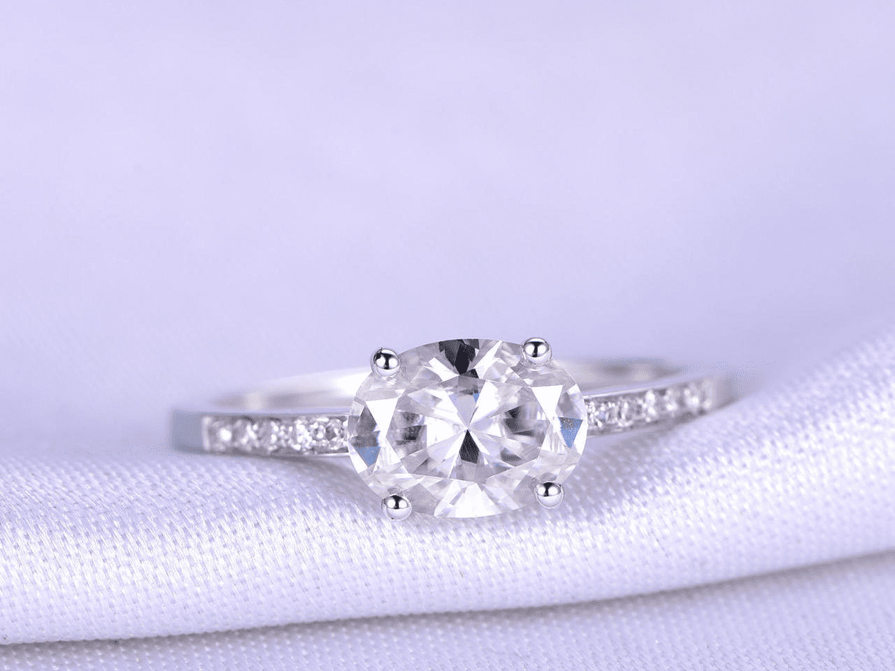 HeartsAndYou 1.7ct East West Oval Cut Moissanite Accents Engagement Ring for Women 18k White Gold Over Silver