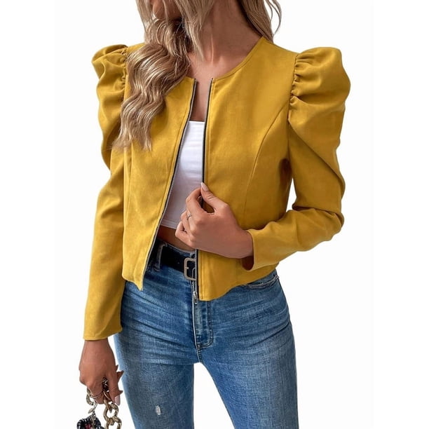 Chaqueta Corta de Larga para Mujer, con Cremallera, Abrigo, Ropa de Abrigo, Atuendo de Otoño, Chaquetones Amarillo Brillante XXL