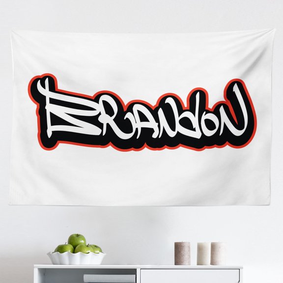 David Tapestry, Modern Wall Writing Typography Boys Birthday Theme Scribbling Name, Fabric Wall Hanging Decor for Bedroom Living Room Dorm, 2 Sizes, Vermilion White, by Ambesonne