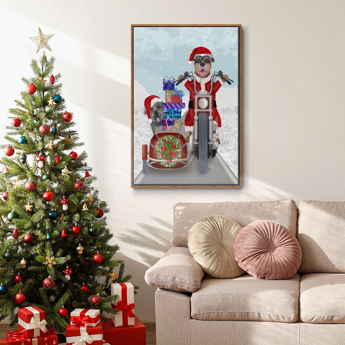 Christmas Mutts Christmas Chopper - Framed Gallery Wrapped Holiday Canvas - 25 x 37 - Rosewood Frame