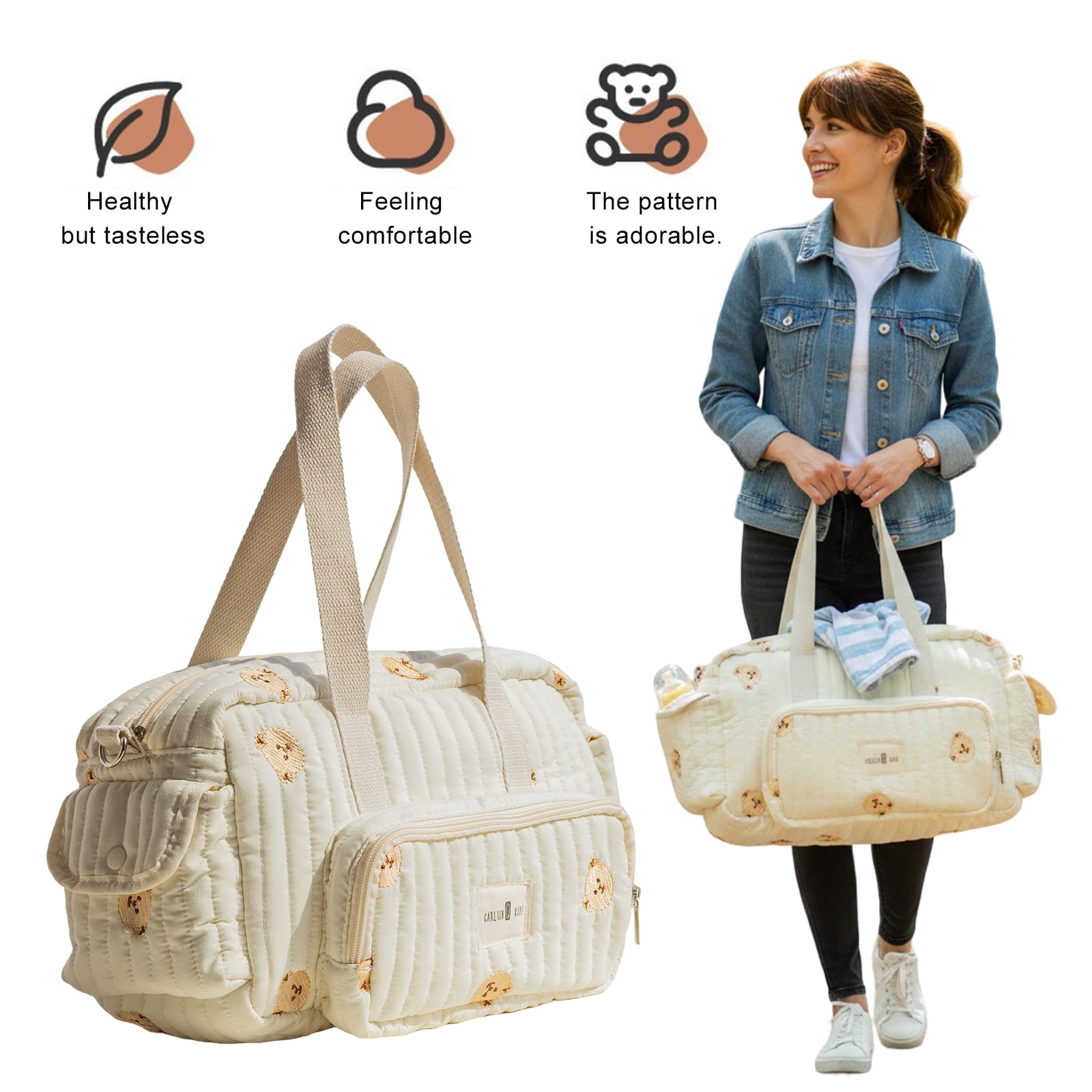 HUISZJ Quilted Diaper Bag Tote, Multi-Pockets Storage Bag with Shoulder Strap, Large Capacity Baby Diaper Bag for Travel Outdoor (Bears)