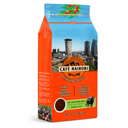 Cafe Nairobi Half Caff Ground Coffee Medium Roast - 12 oz Smooth Flavor Brew Bag Home