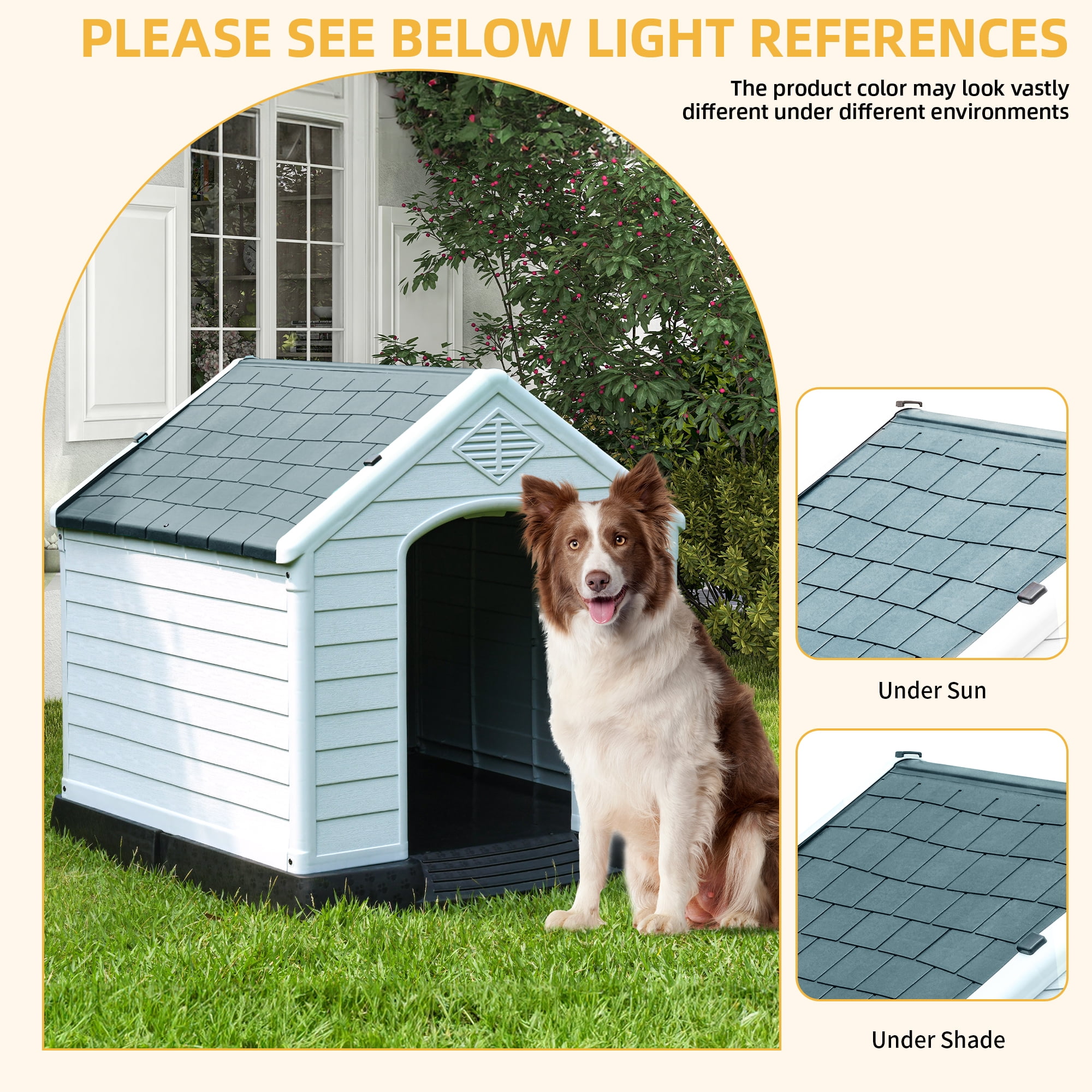 Dextrus 41" Large Waterproof Plastic Dog House with Elevated Floor & Air Vents, Outdoor Shelter, Gray