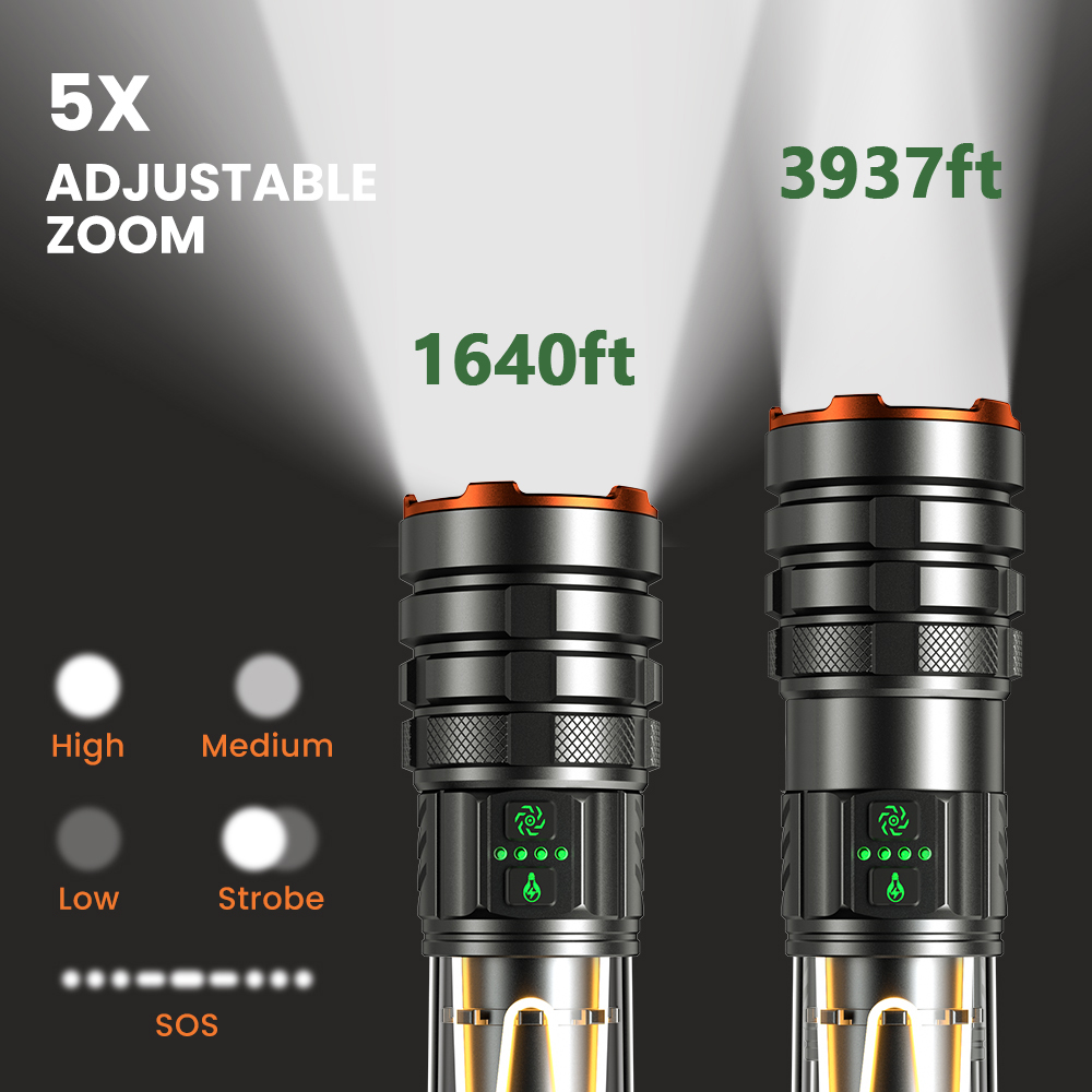 Tactical Flashlight High Lumens Rechargeable 5000mAh, 5000 Lumens LED Flashlight for Camping, Emergency, Hiking - Waterproof, 11 Modes, Zoomable, USB-C Charging, Digital Display, Durable Aluminum
