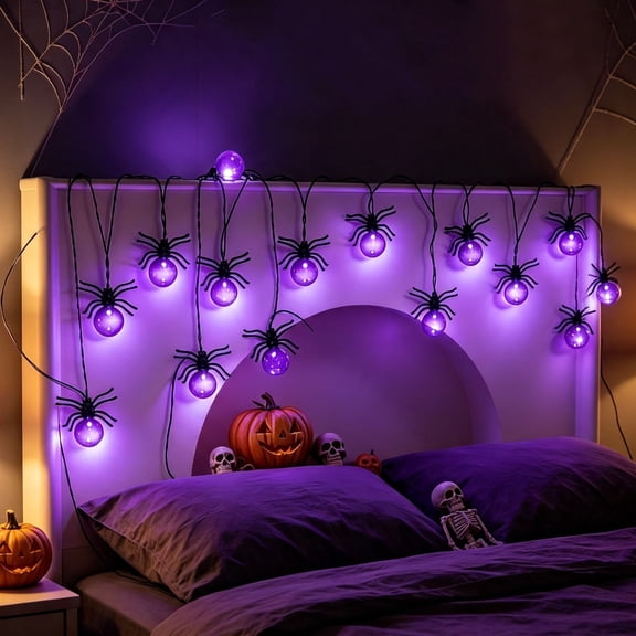 Halloween Spider String Lights 118.11 Inch Battery Operated Decor with 20 Purple LED Bulbs for Indoor Outdoor Home Party Decor
