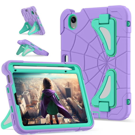 Allytechgroup Kids Case for iPad mini 7 (A17 Pro) 2024/Mini 6 2021 8.3 Inch, Built-in Kickstand Heavy Duty Protection Rugged Shockproof Hybrid Boy Girl Children Cover for Children, Purple Green