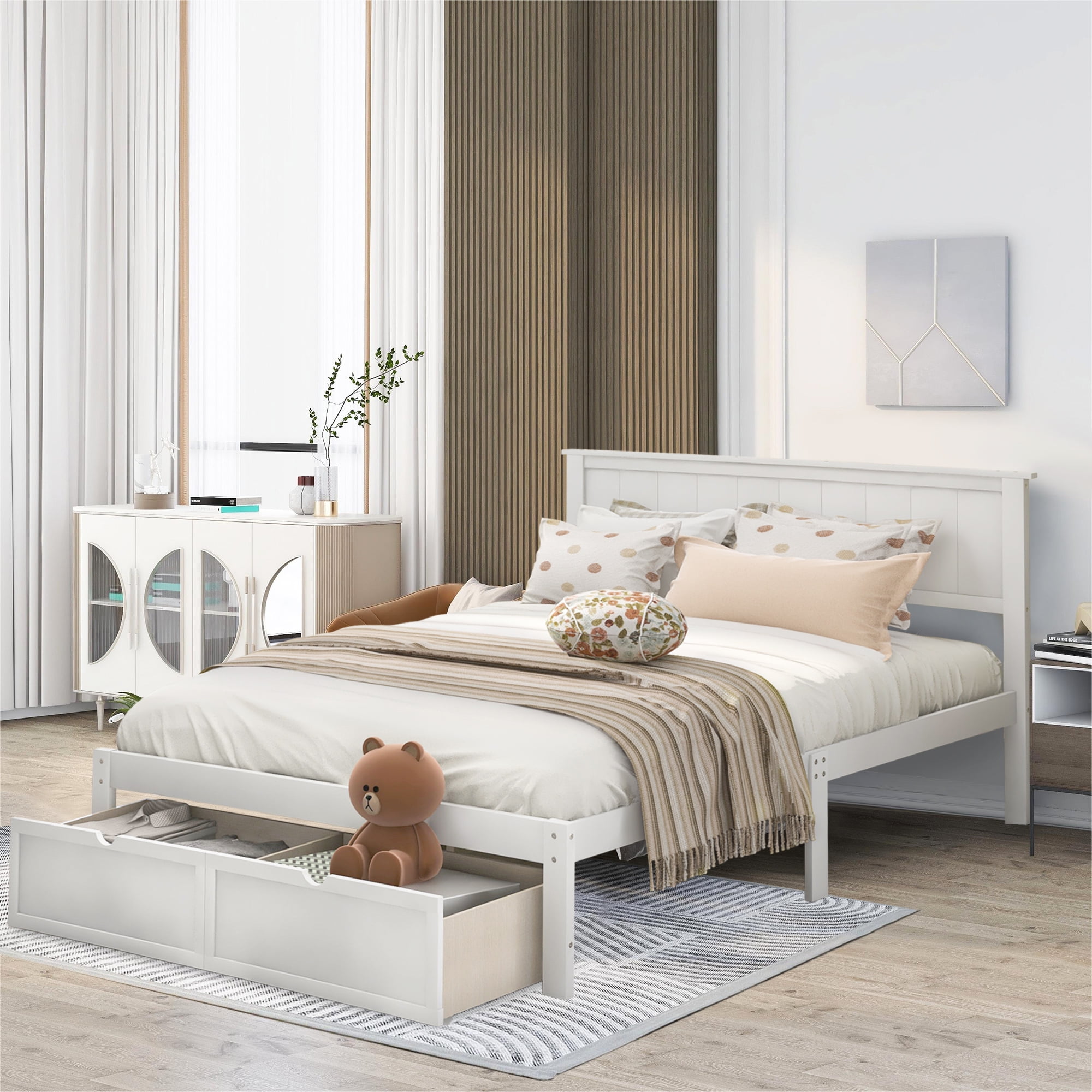 PAPROOS Full Bed with Storage, Heavy Duty Wood Platform Bed Frame with Headboard and Under-bed Drawers, Space Saving, Modern Full Size Bed Frame, No Box Spring Needed, White