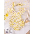 thumbnail image 3 of Raccmtaty Baby Girls Summer Romper Waffle Daisy Print Flying Sleeve Square Neck Jumpsuit with Bow Headband, 3 of 9