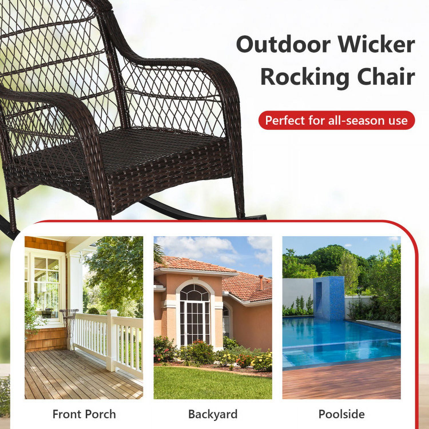 Aimee Lii Outdoor Rocking Chair with Cushion, Wooden Patio Rocker Chair for Lawn, Porch and Garden, Red