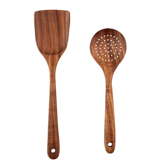 Utensilios de cocina de madera de teca para cocinar, utensilios de cocina antiadherentes, naturales y saludables, juego de 2 piezas