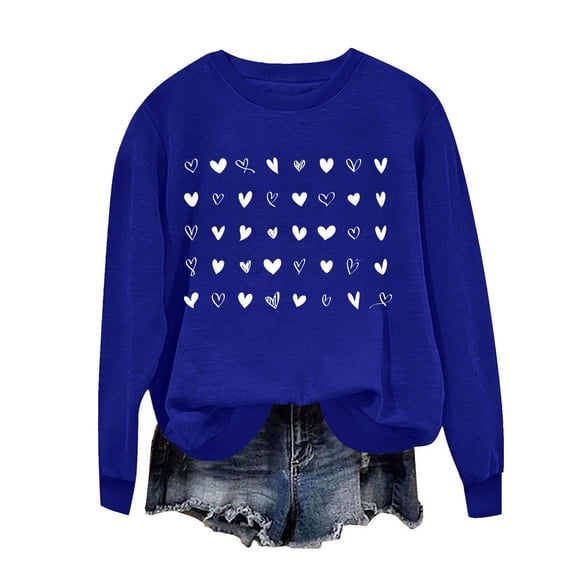 ibuvkizy Valentines Day Sweatshirts for Women Round Neck Printed Sweatshirts Long Sleeved Pullover Top Sweatshirt Blue,XS