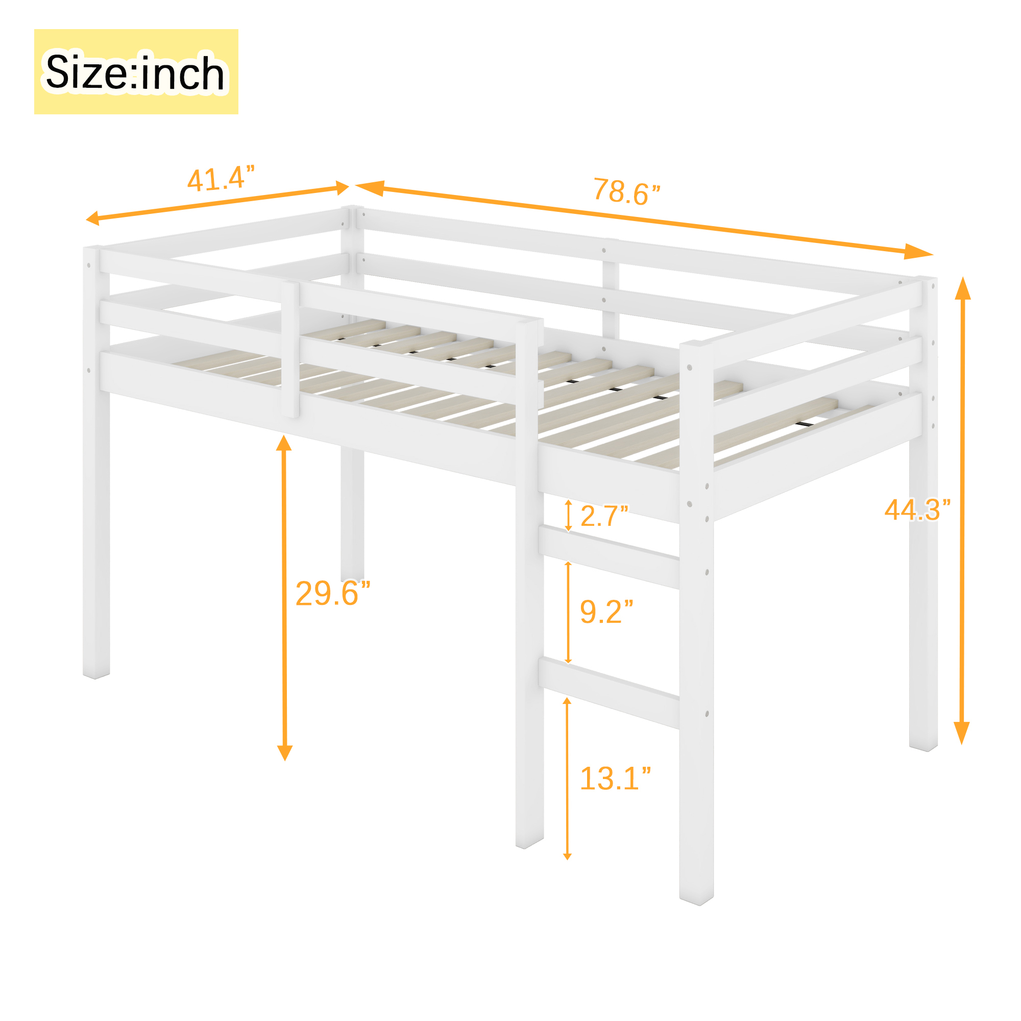 Leumius Twin Loft Bed with Ladder, Bed Platform of Strengthened Slats Solid Wooden Bed for Boys Girls White
