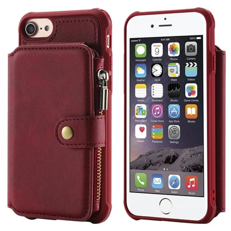 iPhone 7 Zipper Wallet Case, Allytech PU Leather Stand Slim Shell Case Cover with Card Slots and Magnetic Buckle for Apple iPhone 7/ iPhone 8/ iPhone 6 6S, Red