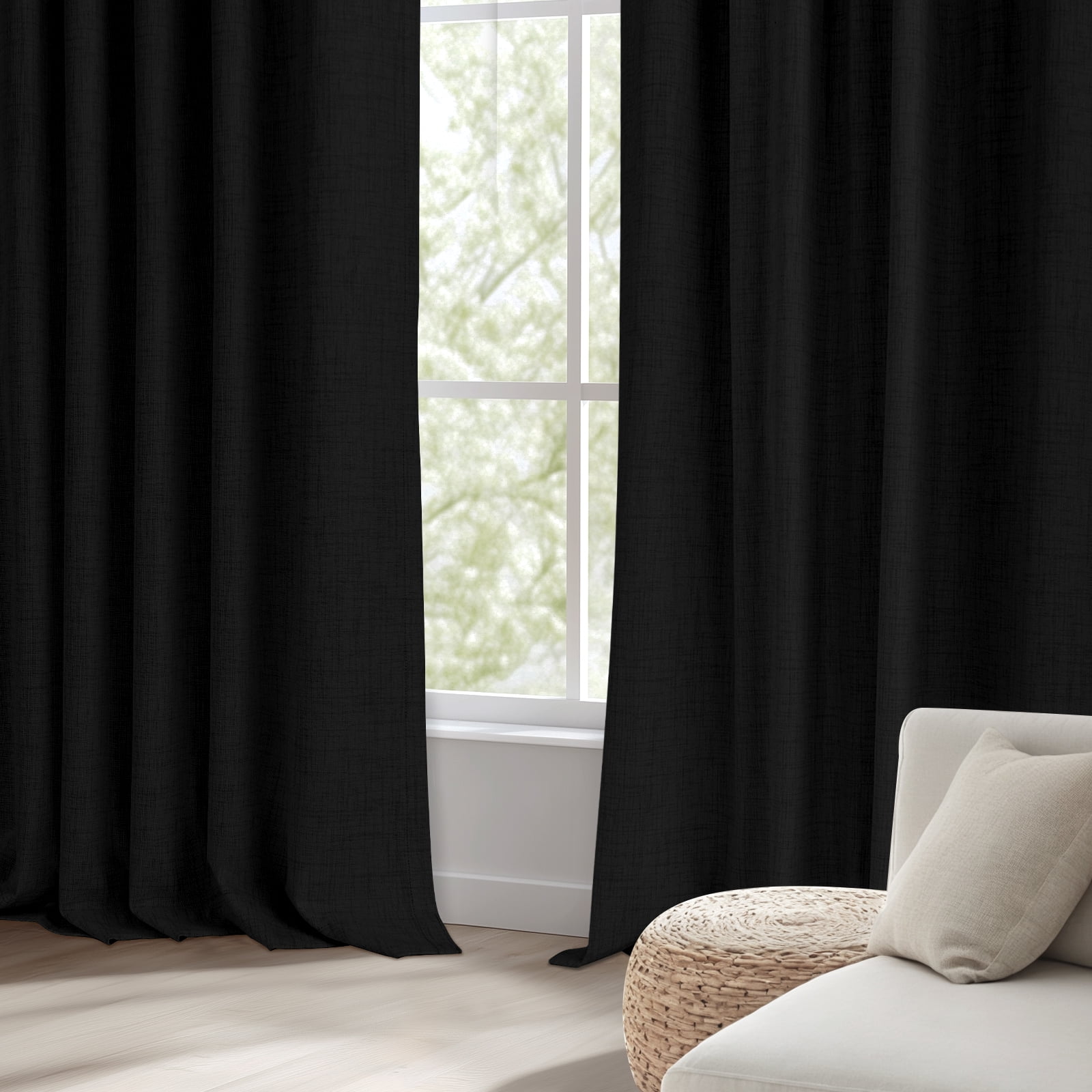 100% Blackout Curtains,50"Wx108"L Faux Linen Textured Back Tab/Rod Pocket Curtain,2 Panels Set,Thermal Insulated Curtains for Livingroom,Black
