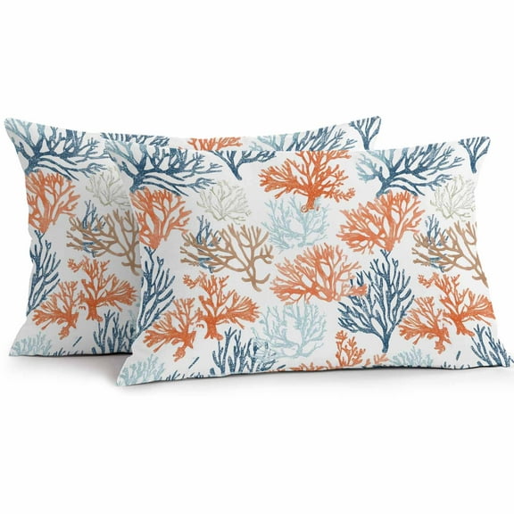 Summer Ocean Outdoor Pillow Covers Pack of 2 Orange Teal Blue Coral Coastal Nautical Waterproof Throw Pillow Covers Decorative Cushion Cases for Patio Garden Tent Balcony Couch 20x12 inch
