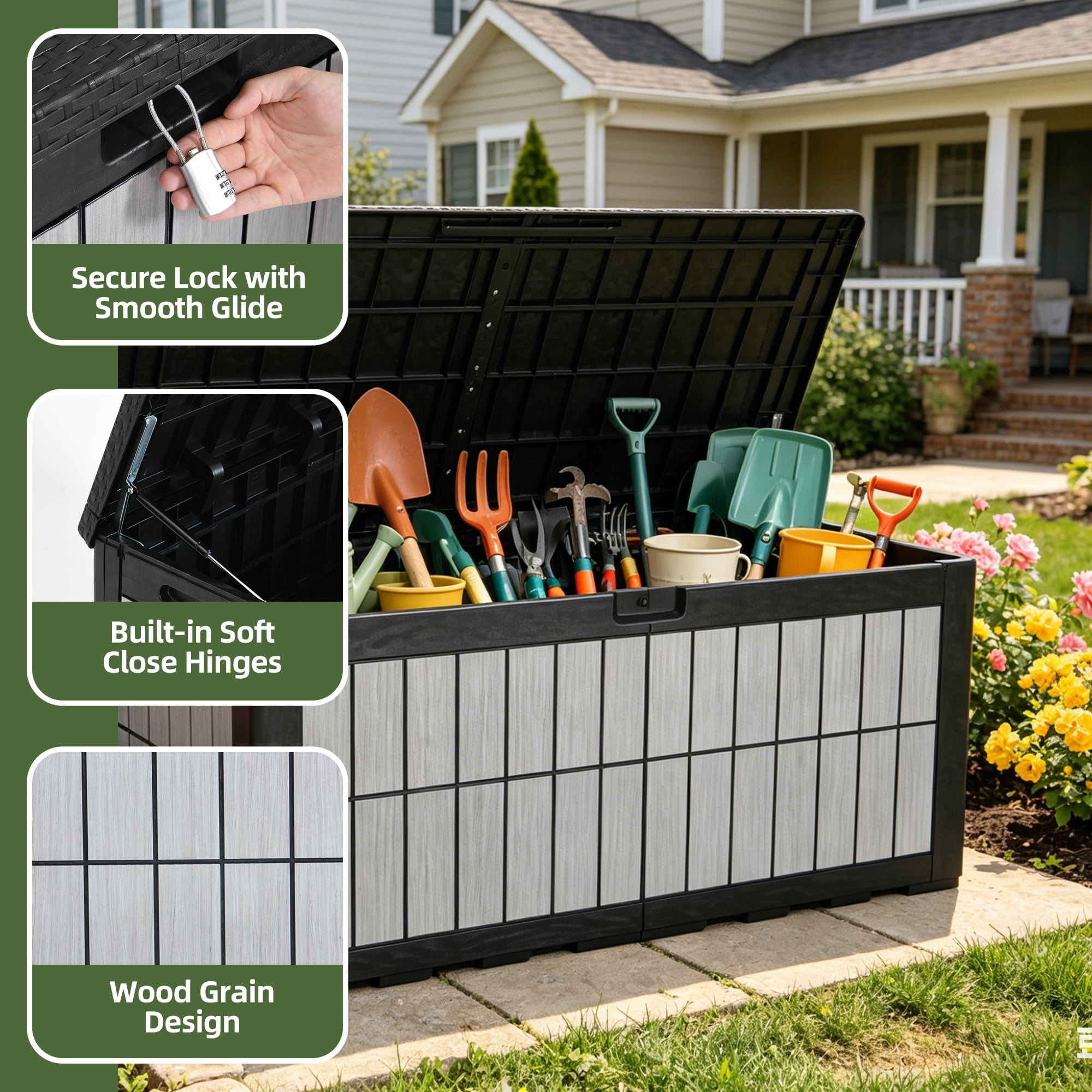 Uforic 134 Gallon Lockable Outdoor Deck Box, Waterproof Resin Storage Box with Hydraulic Support, Patio Storage Bench for Garden Pool Supplies, Black & Wood Grain Gray