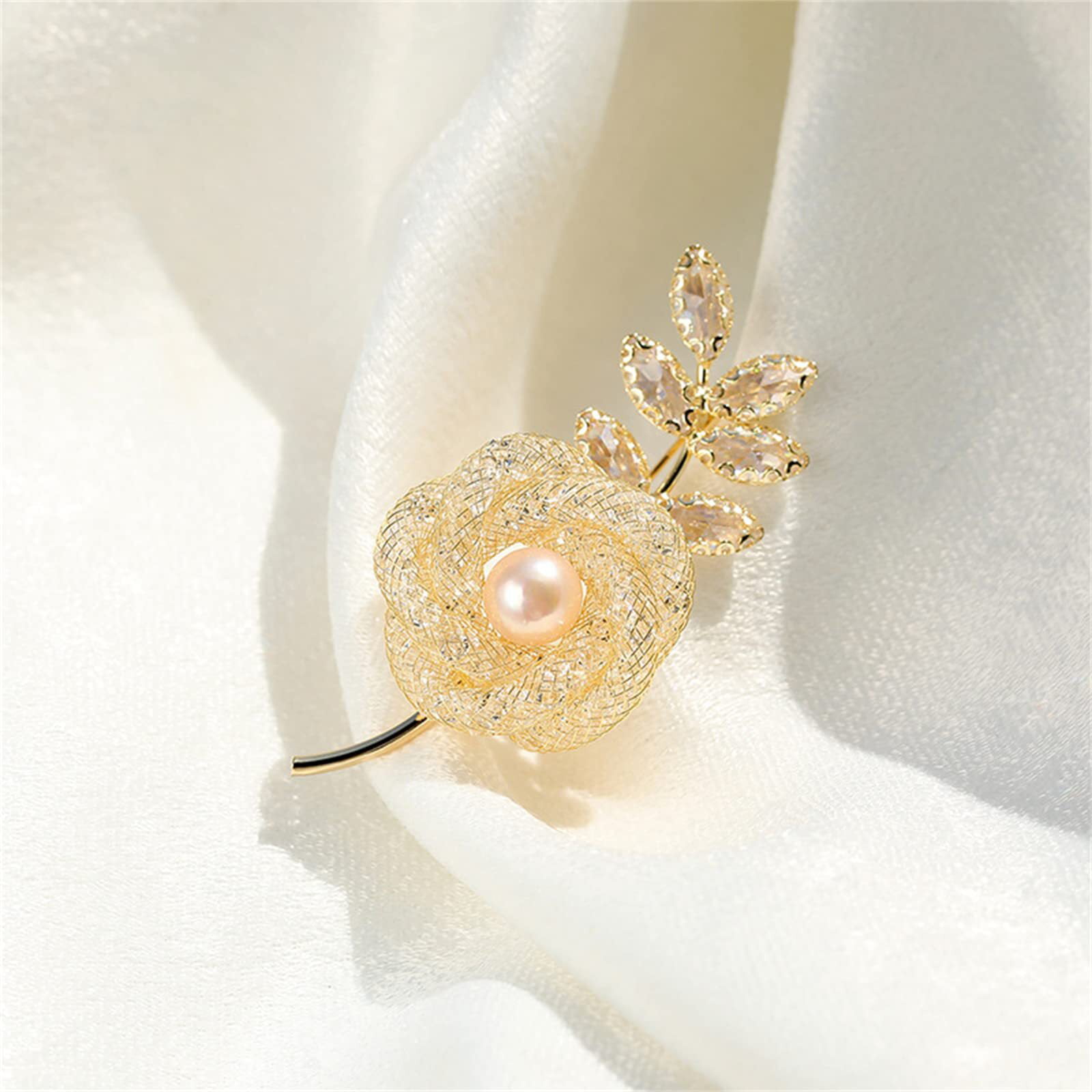 Luxury Fashion Pearl Flower Metal Key Brooch Women Men - gold face
