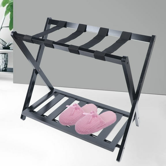 Autrinix Luggage Rack with Bamboo Frame – Folding Suitcase Stand for Bedroom, Sturdy Nylon Straps, Easy to Assemble and Clean, Moisture-Proof, Stylish Black Modern Design for Home or Hotel