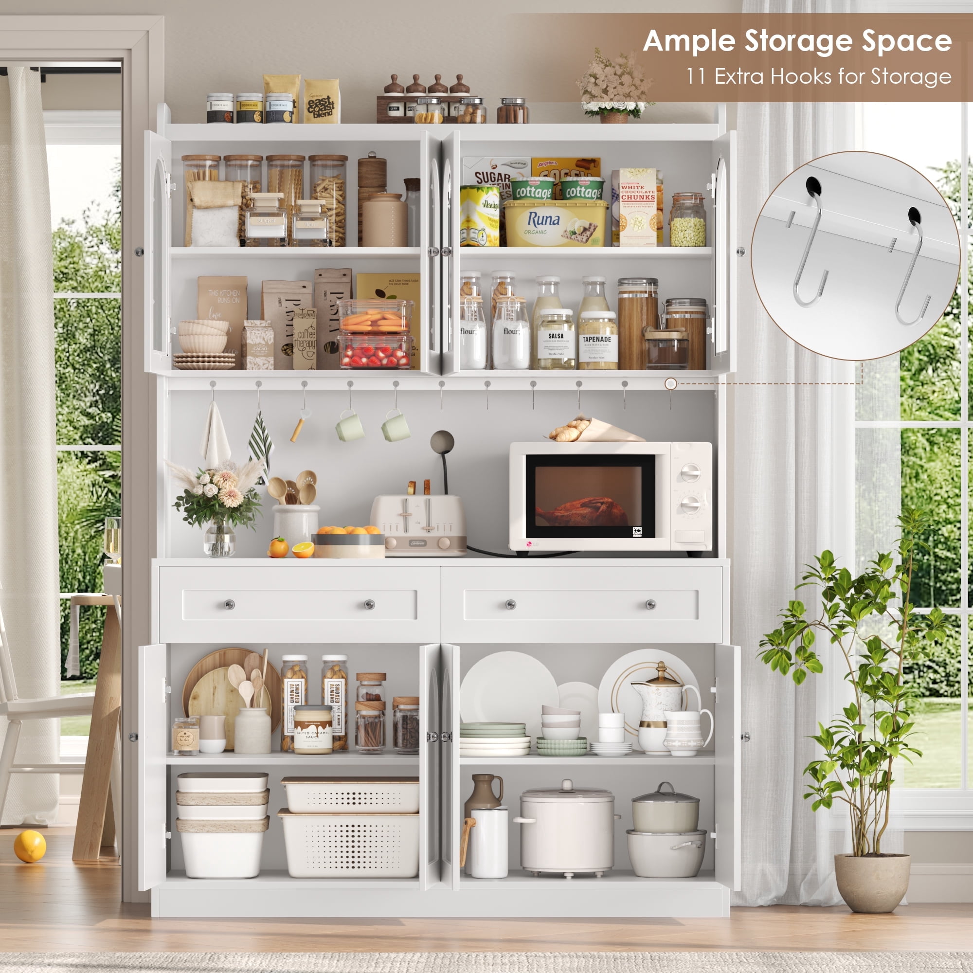 Homfa 73" Kitchen Pantry with Glass Doors, Freestanding Kitchen Cupboard with 2 Drawers & Microwave Hutch, Wood Storage Cabinet for Dining Living Room, White