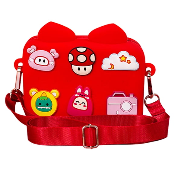 NBX Stylish Kids Silicone Crossbody Bag with 6 Random Clasps, Adjustable Strap, Zipper Closure, Perfect for School or Shopping (Red)