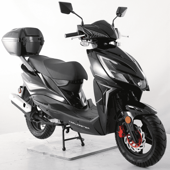 Trailmaster Trophy 50cc Scooter/Moped, Automatic CVT, Electric & Kick Start, 12-inch Aluminum Rims, Optional Color-Matched Locking Trunk (Black)
