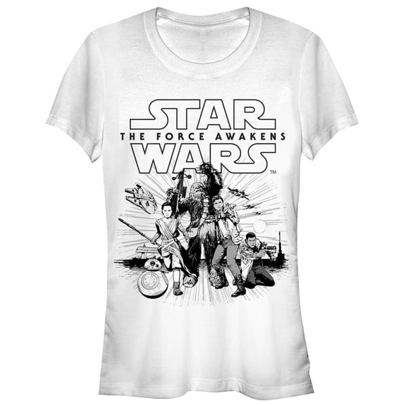Junior's Star Wars The Force Awakens Rey and Crew  Graphic Tee White X Large