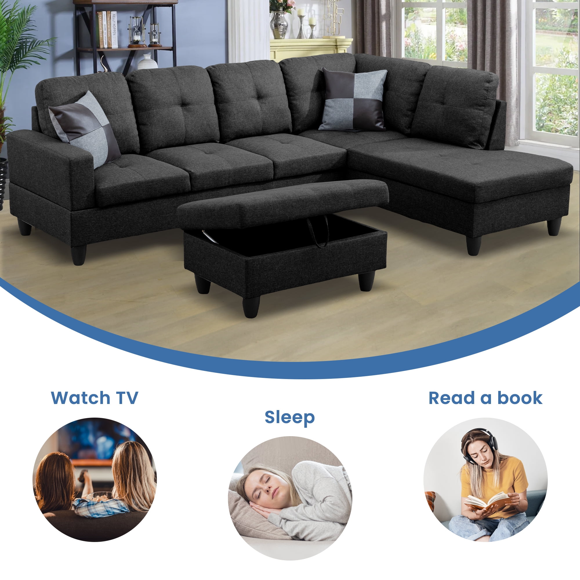 Aukfa 103" Sectional Sofa with Storage Ottoman, L Shape Couch for Living Room, Right Facing Chaise, Linen, Dark Gray